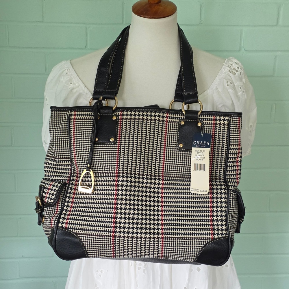 NWT Chaps Houndstooth Shoulder Bag Black White Red Plaid Tote Gold Hardware
